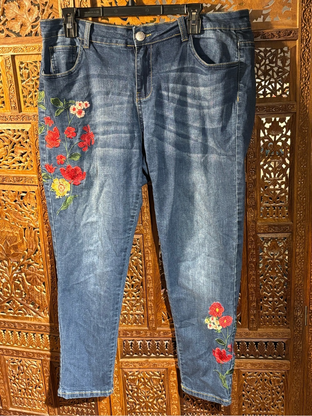Sandpiper Dark Blue Skinny Jeans with Red Floral Embroidery - Women's